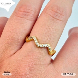 ANEL ONDULADO ZIG ZAG MICROZIRCONIAS - Dourado