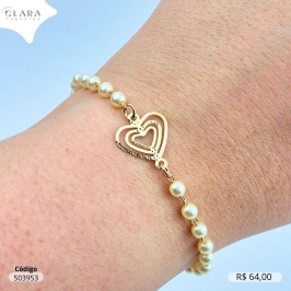 PULSEIRA FIO DE PEROLA C/ CORAÇÃO VAZADO  - 14MM - 17CM - Dourado