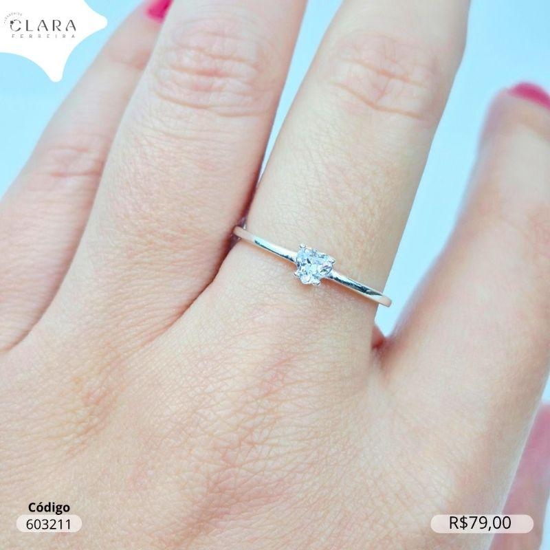 ANEL PRATA 925 SOLITARIO ZIRCÔNIA CORAÇÃO CRISTAL 4MM  - 16/17