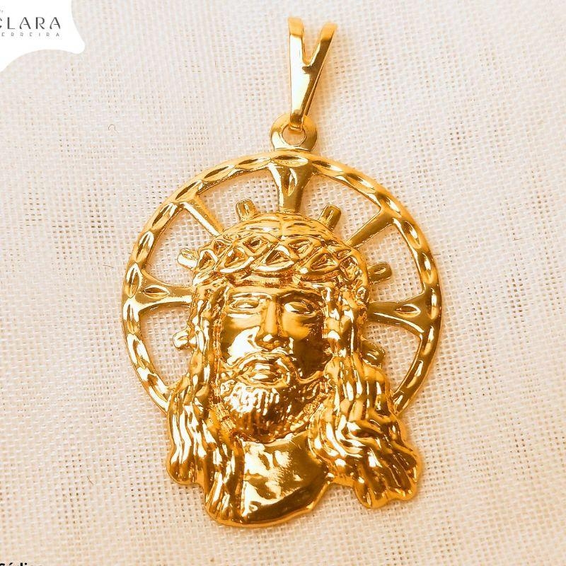 PINGENTE FACE DE CRISTO C/ COROA VAZADA 24MM - Dourado