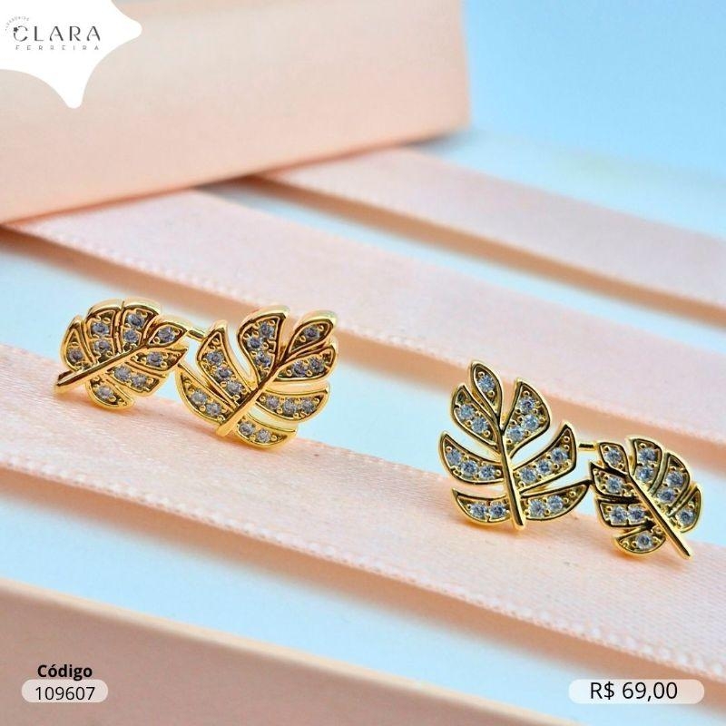 BRINCO EAR CUFF 2 FOLHAS MICROZIRCONIAS VAZADAS - Dourado