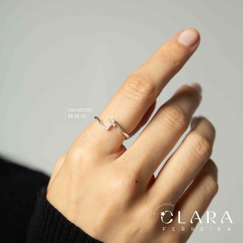 ANEL FIO LISO C/ CRUZ MICROZIRCÔNIAS  - Banho de Prata