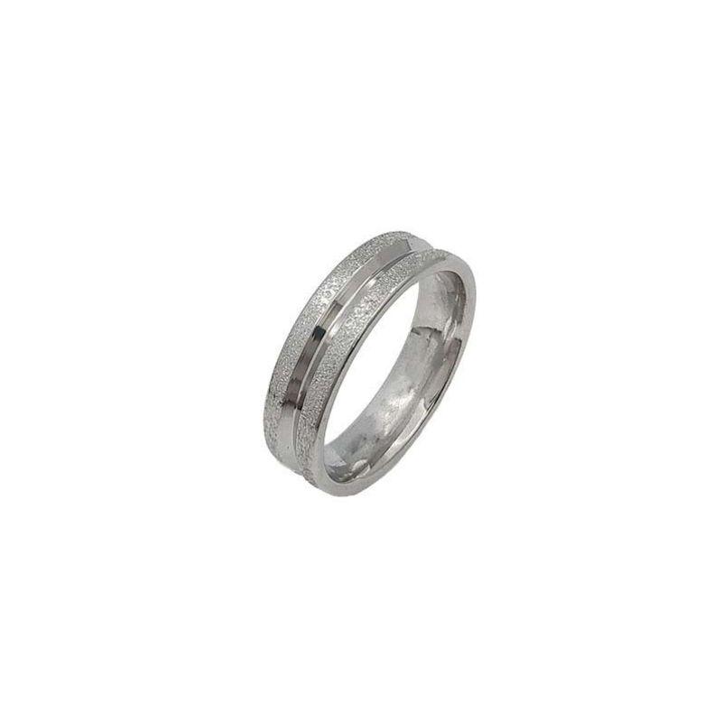 ANEL ALIANÇA AÇO INOX ANATÔMICA ABAULADA 6MM C/ 2 FIOS JATEADO BRILHANTE 1 FIO LISO - Número 16/17