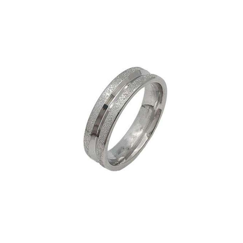 ANEL ALIANÇA AÇO INOX ANATÔMICA ABAULADA 6MM C/ 2 FIOS JATEADO BRILHANTE 1 FIO LISO - Número 32/33