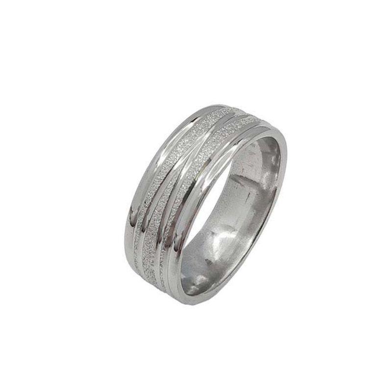 ANEL ALIANÇA AÇO INOX ANATÔMICA ABAULADA 8MM C/ JATEADO BRILHANTE E 2 FIOS LISOS CRUZADOS - Número 12/13
