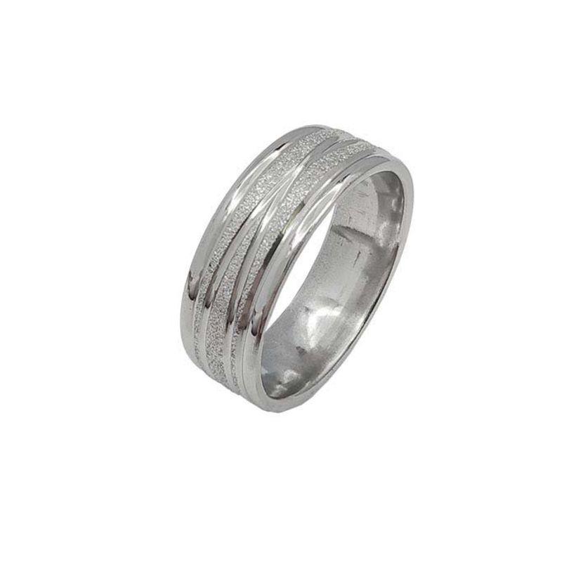 ANEL ALIANÇA AÇO INOX ANATÔMICA ABAULADA 8MM C/ JATEADO BRILHANTE E 2 FIOS LISOS CRUZADOS - Número 14/15