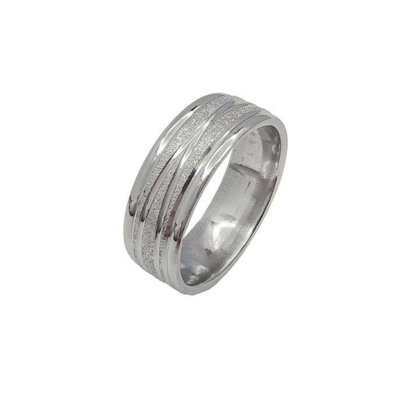 ANEL ALIANÇA AÇO INOX ANATÔMICA ABAULADA 8MM C/ JATEADO BRILHANTE E 2 FIOS LISOS CRUZADOS - Número 16/17