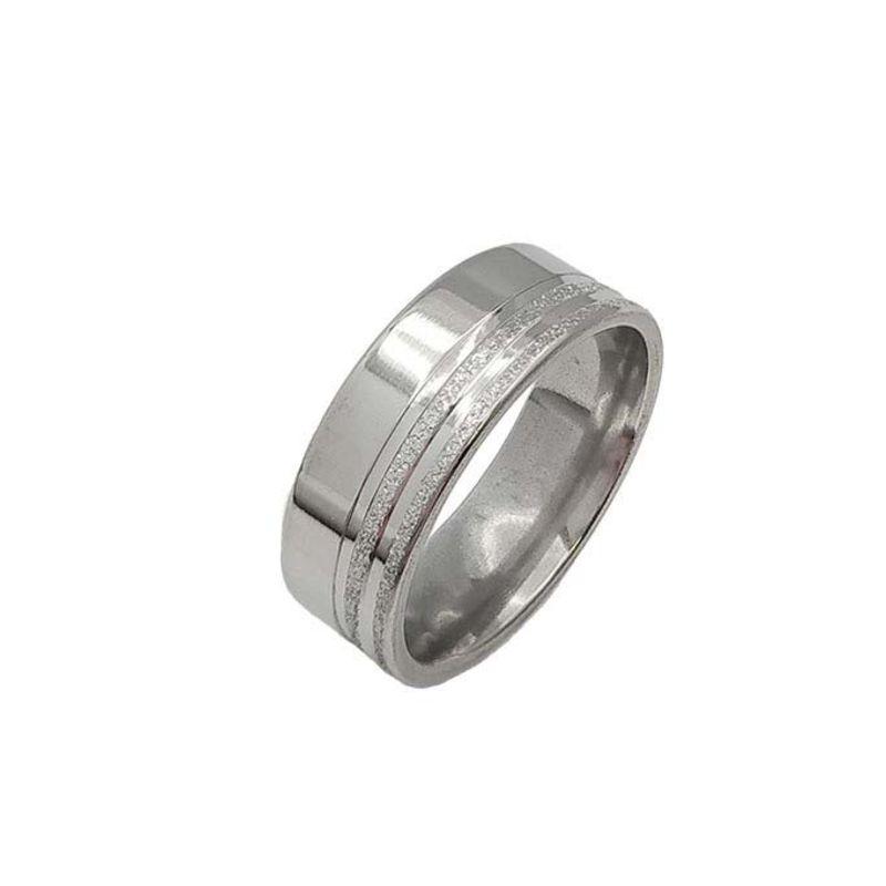 ANEL ALIANÇA AÇO INOX ANATÔMICA RETA LISA 8MM C/ 2 FIOS JATEADOS BRILHANTES - Número 22/23