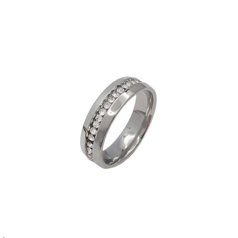 ANEL ALIANÇA AÇO INOX ANATÔMICA ABAULADA 6MM C/ 1 FILEIRA MICROZIRCONIAS - Número 18/19