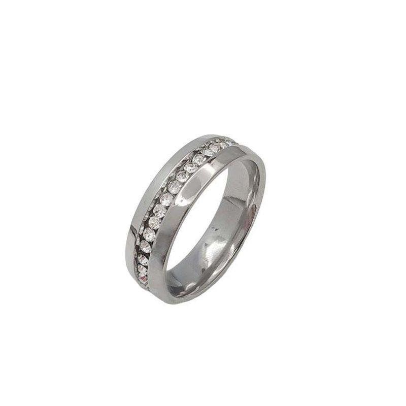 ANEL ALIANÇA AÇO INOX ANATÔMICA ABAULADA 6MM C/ 1 FILEIRA MICROZIRCONIAS - Número 30/31