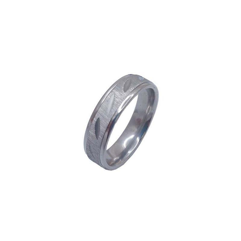 ANEL ALIANÇA AÇO INOX ANATÔMICA ABAULADA 6MM C/ TRABALHADO JATEADO FOSCO E RISQUINHOS - - Número 24/25