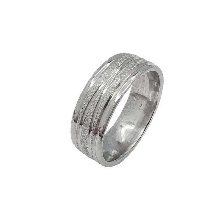 ANEL ALIANÇA AÇO INOX ANATÔMICA ABAULADA 8MM C/ JATEADO BRILHANTE E 2 FIOS LISOS CRUZADOS - Número 26/27