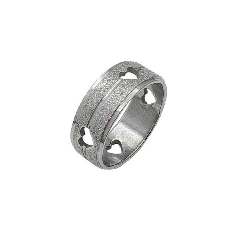 ANEL ALIANÇA AÇO INOX ANATÔMICA RETA 8MM C/ JATEADO BRILHANTE E CORAÇÕES VAZADOS - Número 28/29
