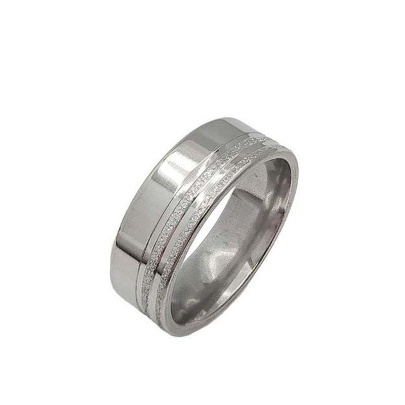 ANEL ALIANÇA AÇO INOX ANATÔMICA RETA LISA 8MM C/ 2 FIOS JATEADOS BRILHANTES - Número 20/21