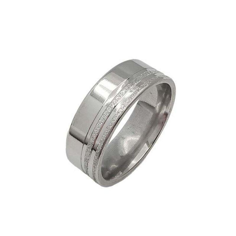 ANEL ALIANÇA AÇO INOX ANATÔMICA RETA LISA 8MM C/ 2 FIOS JATEADOS BRILHANTES - Número 24/25