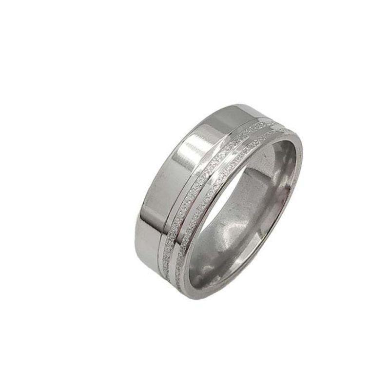 ANEL ALIANÇA AÇO INOX ANATÔMICA RETA LISA 8MM C/ 2 FIOS JATEADOS BRILHANTES - Número 26/27