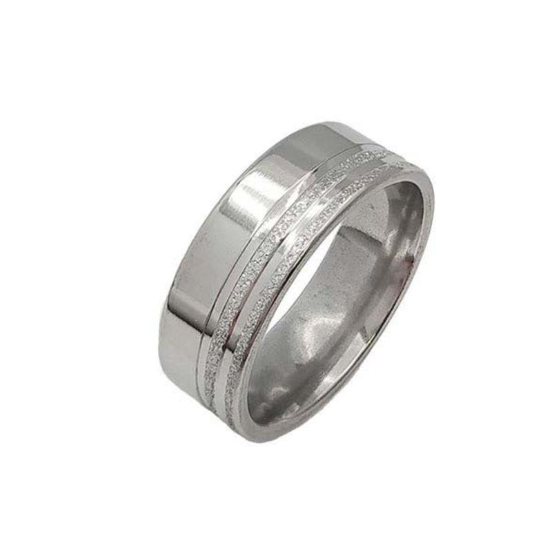ANEL ALIANÇA AÇO INOX ANATÔMICA RETA LISA 8MM C/ 2 FIOS JATEADOS BRILHANTES - Número 32/33