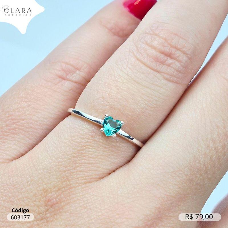 ANEL PRATA 925 SOLITARIO C/ ZIRCÔNIA CORAÇÃO 4MM VERDE TIFFANY - 16/17
