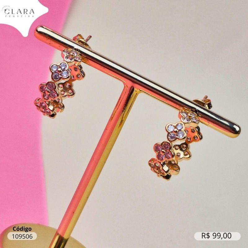 BRINCO ARGOLA C/ 8 TREVO VAN CLEEF ALHAMBRA ZIRCONIAS REDONDAS 2MM - 20X6MM - Dourado