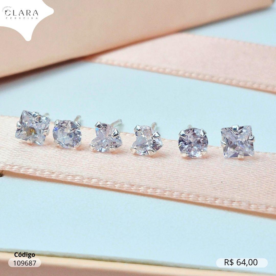 BRINCO KIT TRIO MISTO: SOLITARIO ZIRCONIA REDONDA, CORAÇÃO E QUADRADA 4MM BASE 4 GARRAS CAIXA COROA BAIXA -LINHA MEUS PRIMEIROS BRINCOS - Banho de Prata