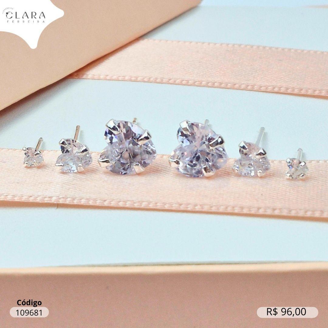 BRINCO KIT TRIO SOLITARIO ZIRCONIA CORAÇÃO BASE 4 GARRAS CAIXA COROA BAIXA - 3MM,5MM E 8MM - Banho de Prata