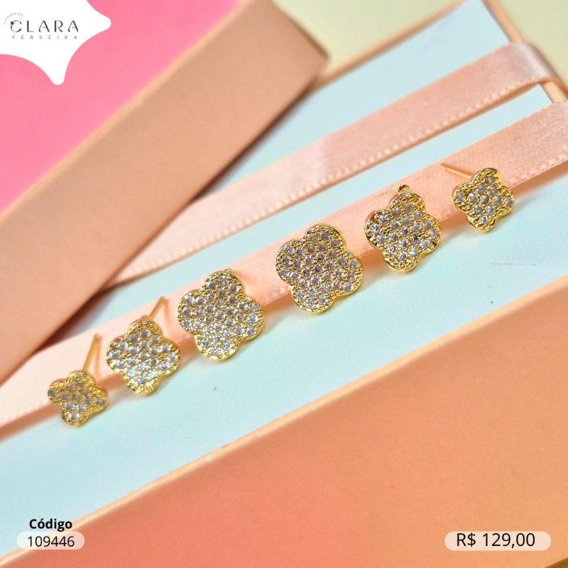 BRINCO KIT TRIO TREVO VAN CLEEF ALHAMBRA  MICROZIRCONIAS - 6,8 E 10MM - Dourado