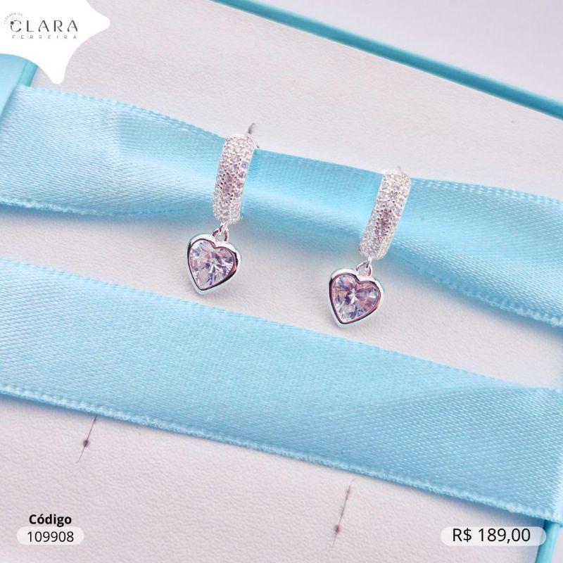 BRINCO PRATA 925 ARGOLINHA CLICK 3 FILEIRAS MICROZIRCÔNIAS C/ 1 TIFFANY CORAÇÃO PENDURADA - 11X4MM