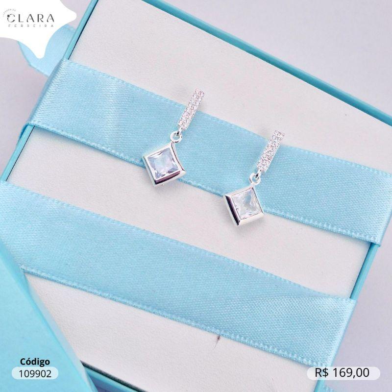 BRINCO PRATA 925 BARRA 2 FILEIRAS MICROZIRCÔNIAS C/ 1 TIFFANY QUADRADA PENDURADA - 10MM