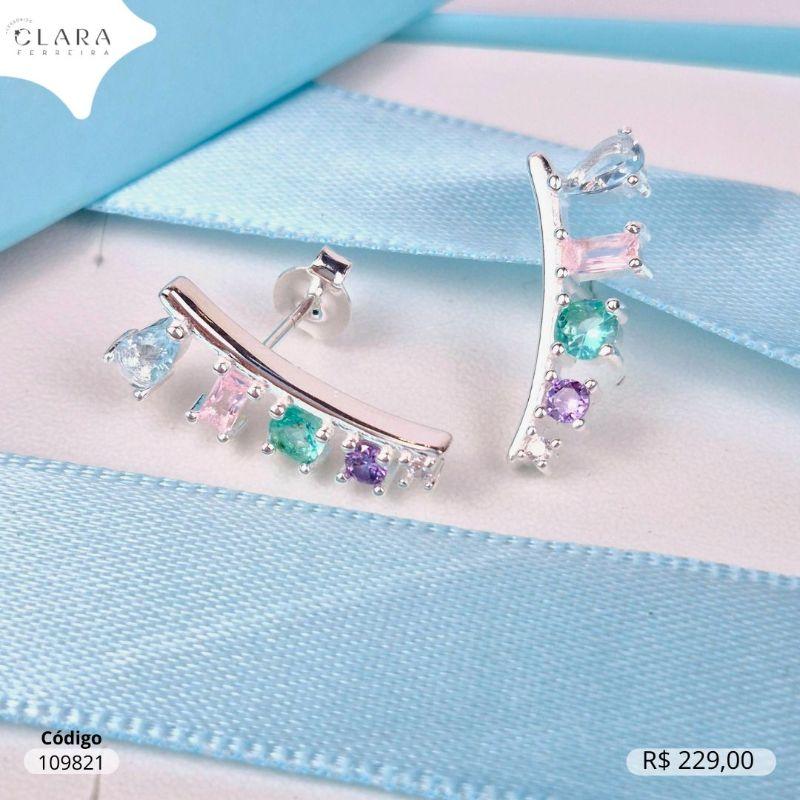 BRINCO PRATA 925 EAR CUFF C/ 5 ZIRCÔNIAS: 1 GOTA, 1 QUADRADA E 3 REDONDAS COLORIDAS - 20MM
