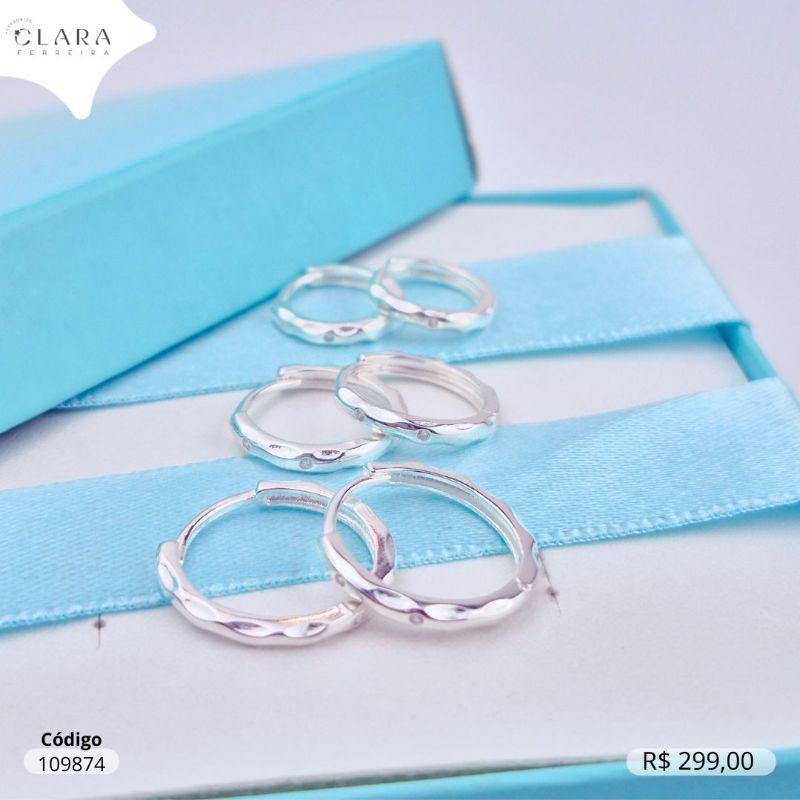 BRINCO PRATA 925 KIT TRIO ARGOLINHAS CLICK ONDULADAS FACETADAS - 11, 13 E 15X1MM