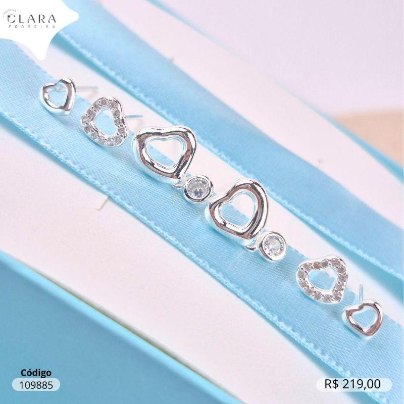 BRINCO PRATA 925 KIT TRIO CORAÇÕES: 1 CORAÇÃO VAZADO C/ 1 TIFFANY PENDURADA, 1 CORAÇÃO VAZADO C/ MICROZIRCÔNIAS E 1 CORAÇÃO VAZADO LISO - 5, 6 E 8MM
