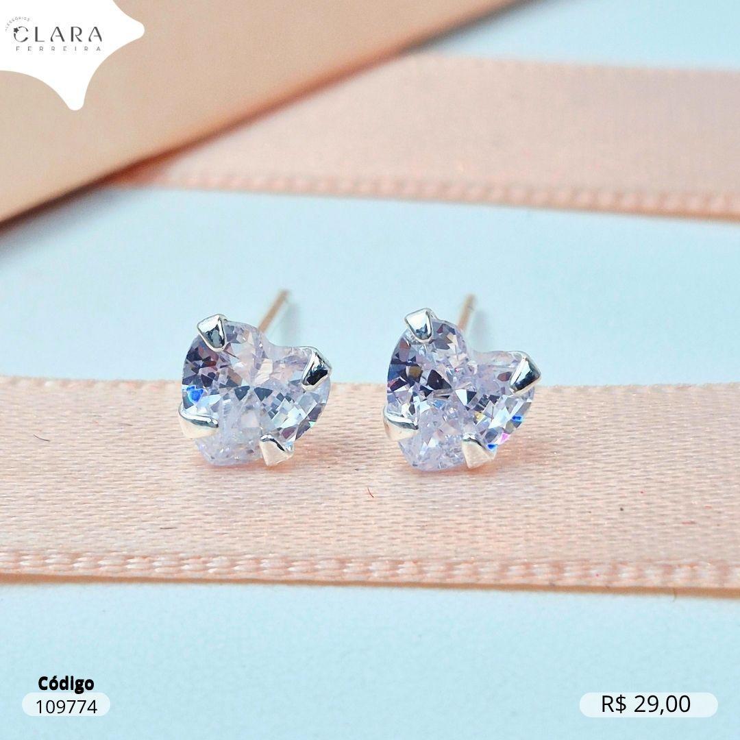 BRINCO SOLITARIO ZIRCONIA CORAÇÃO 5MM BASE 4 GARRAS CAIXA BAIXA - Banho de Prata