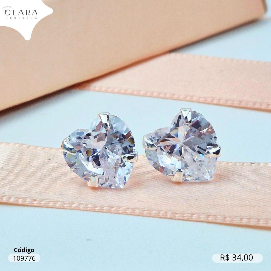 BRINCO SOLITARIO ZIRCONIA CORAÇÃO 6MM BASE 4 GARRAS CAIXA BAIXA - Banho de Prata