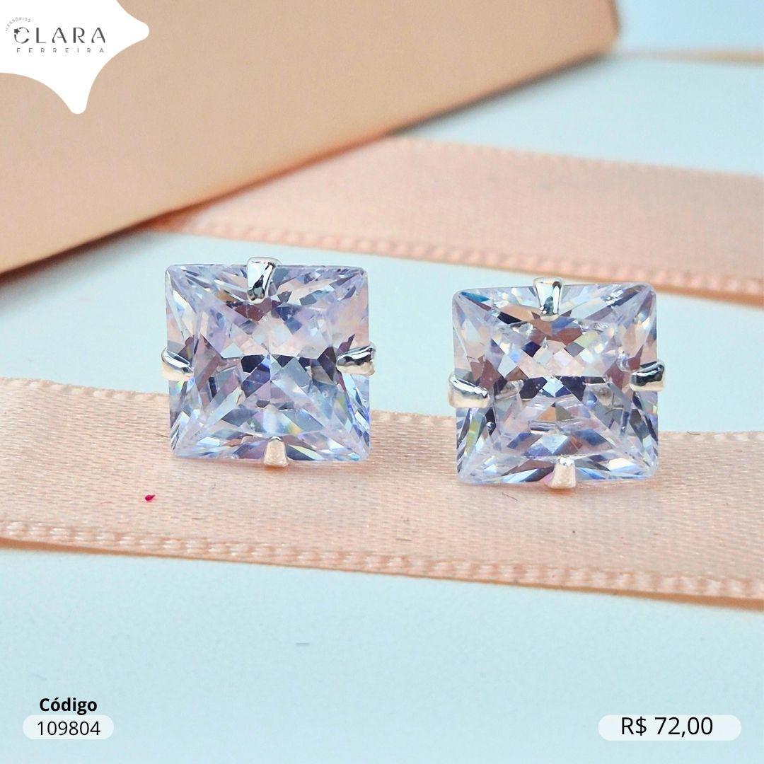 BRINCO SOLITARIO ZIRCONIA QUADRADA 10MM BASE 4 GARRAS CAIXA BAIXA - Banho de Prata