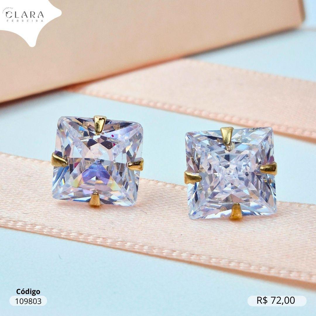 BRINCO SOLITARIO ZIRCONIA QUADRADA 10MM BASE 4 GARRAS CAIXA BAIXA - Dourado