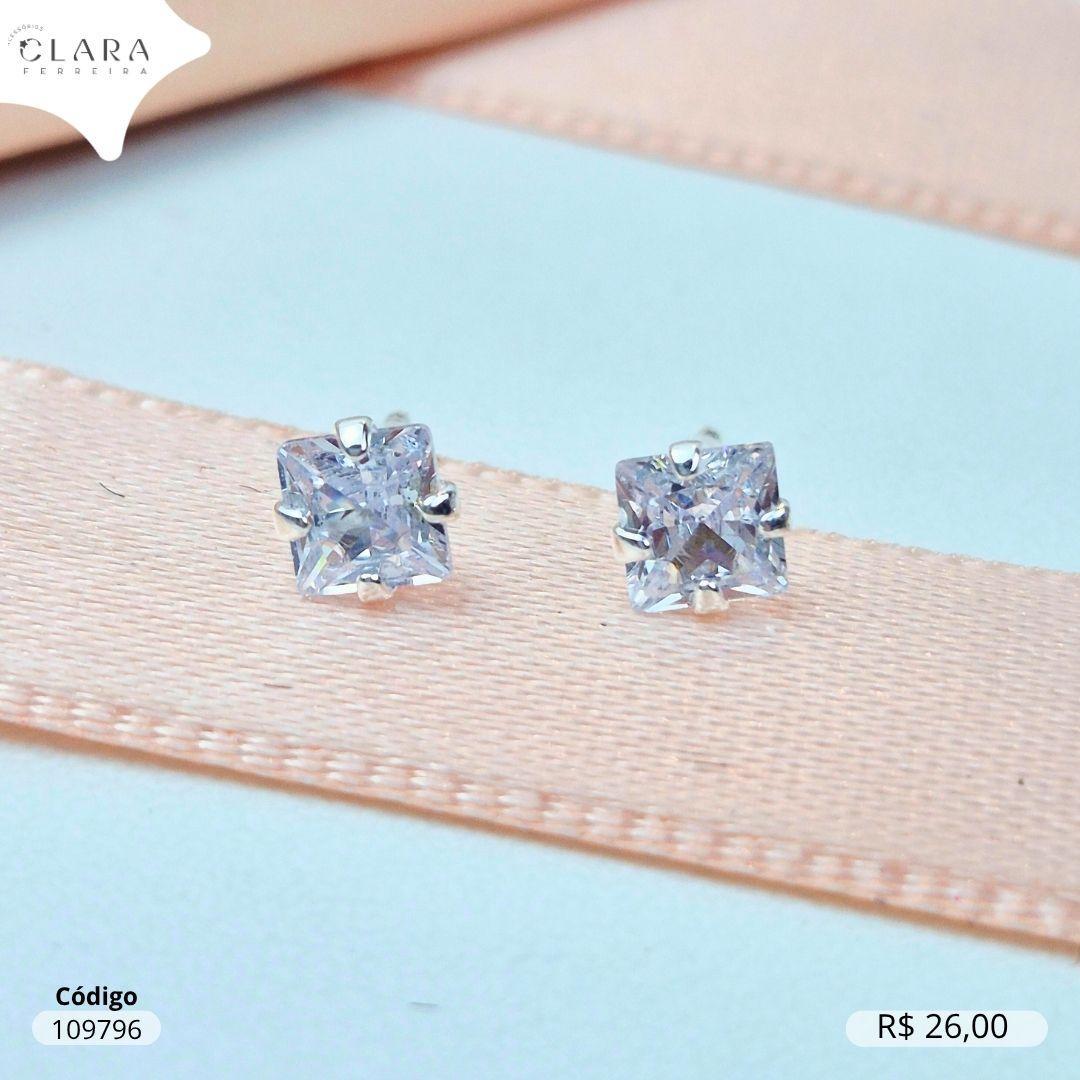 BRINCO SOLITARIO ZIRCONIA QUADRADA 4MM BASE 4 GARRAS CAIXA BAIXA - Banho de Prata