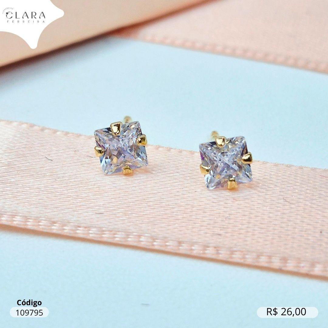 BRINCO SOLITARIO ZIRCONIA QUADRADA 4MM BASE 4 GARRAS CAIXA BAIXA - Dourado