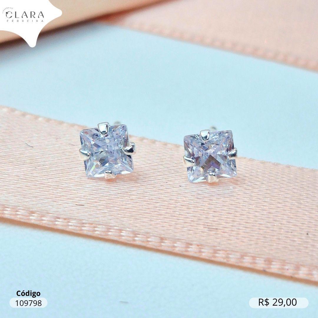 BRINCO SOLITARIO ZIRCONIA QUADRADA 5MM BASE 4 GARRAS CAIXA BAIXA - Banho de Prata