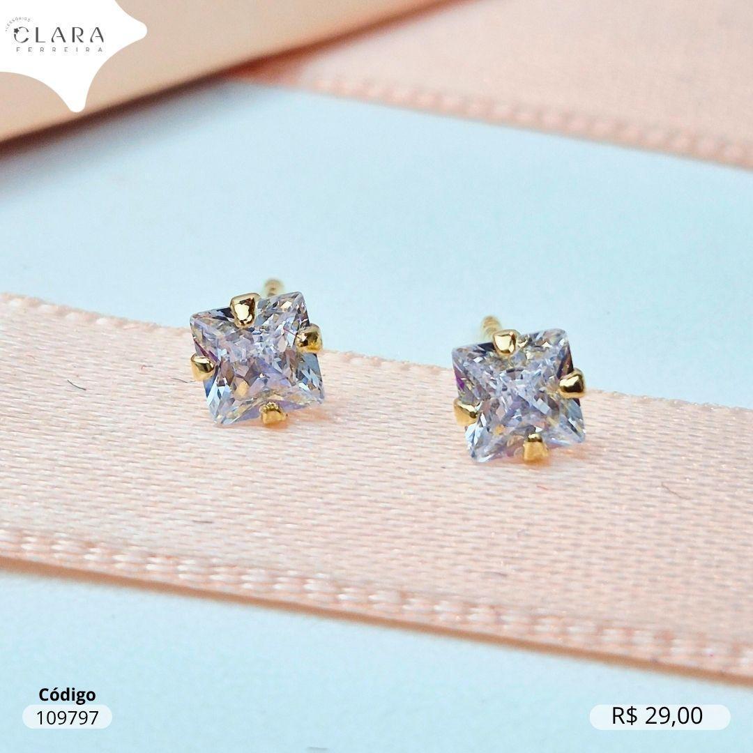 BRINCO SOLITARIO ZIRCONIA QUADRADA 5MM BASE 4 GARRAS CAIXA BAIXA - Dourado