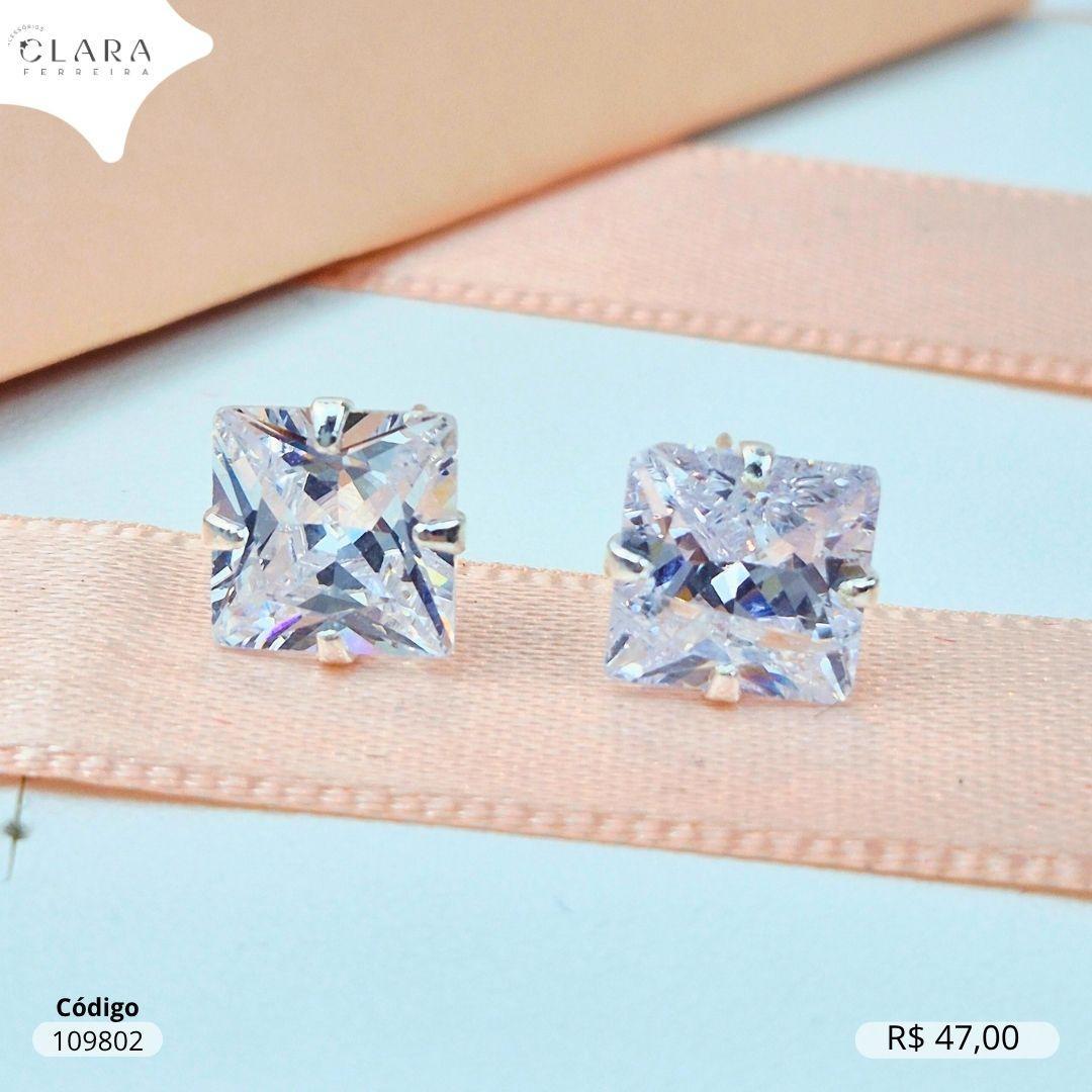 BRINCO SOLITARIO ZIRCONIA QUADRADA 8MM BASE 4 GARRAS CAIXA BAIXA - Banho de Prata