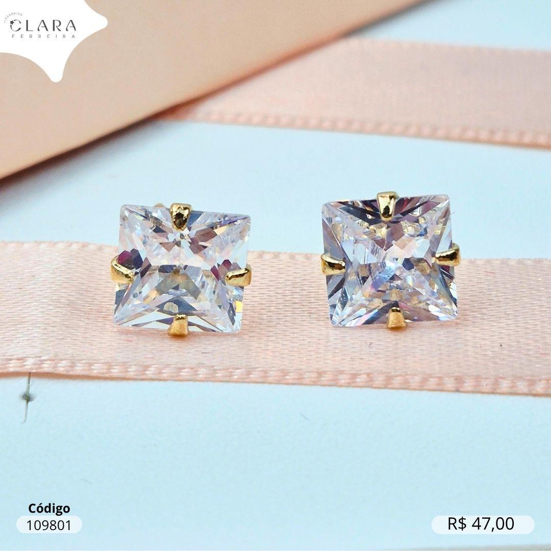 BRINCO SOLITARIO ZIRCONIA QUADRADA 8MM BASE 4 GARRAS CAIXA BAIXA - Dourado