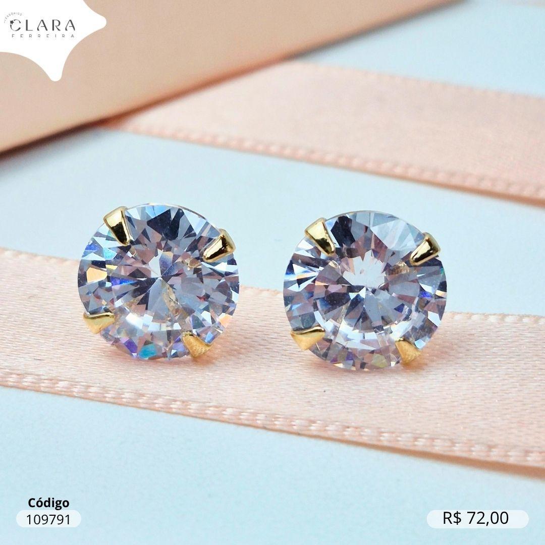 BRINCO SOLITARIO ZIRCONIA REDONDA 10MM BASE 4 GARRAS CAIXA BAIXA - Dourado