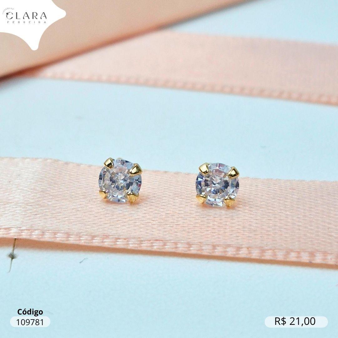 BRINCO SOLITARIO ZIRCONIA REDONDA 3MM BASE 4 GARRAS CAIXA BAIXA - Dourado