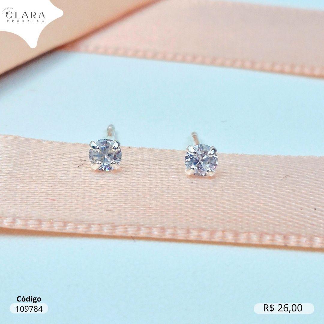 BRINCO SOLITARIO ZIRCONIA REDONDA 4MM BASE 4 GARRAS CAIXA BAIXA - Banho de Prata