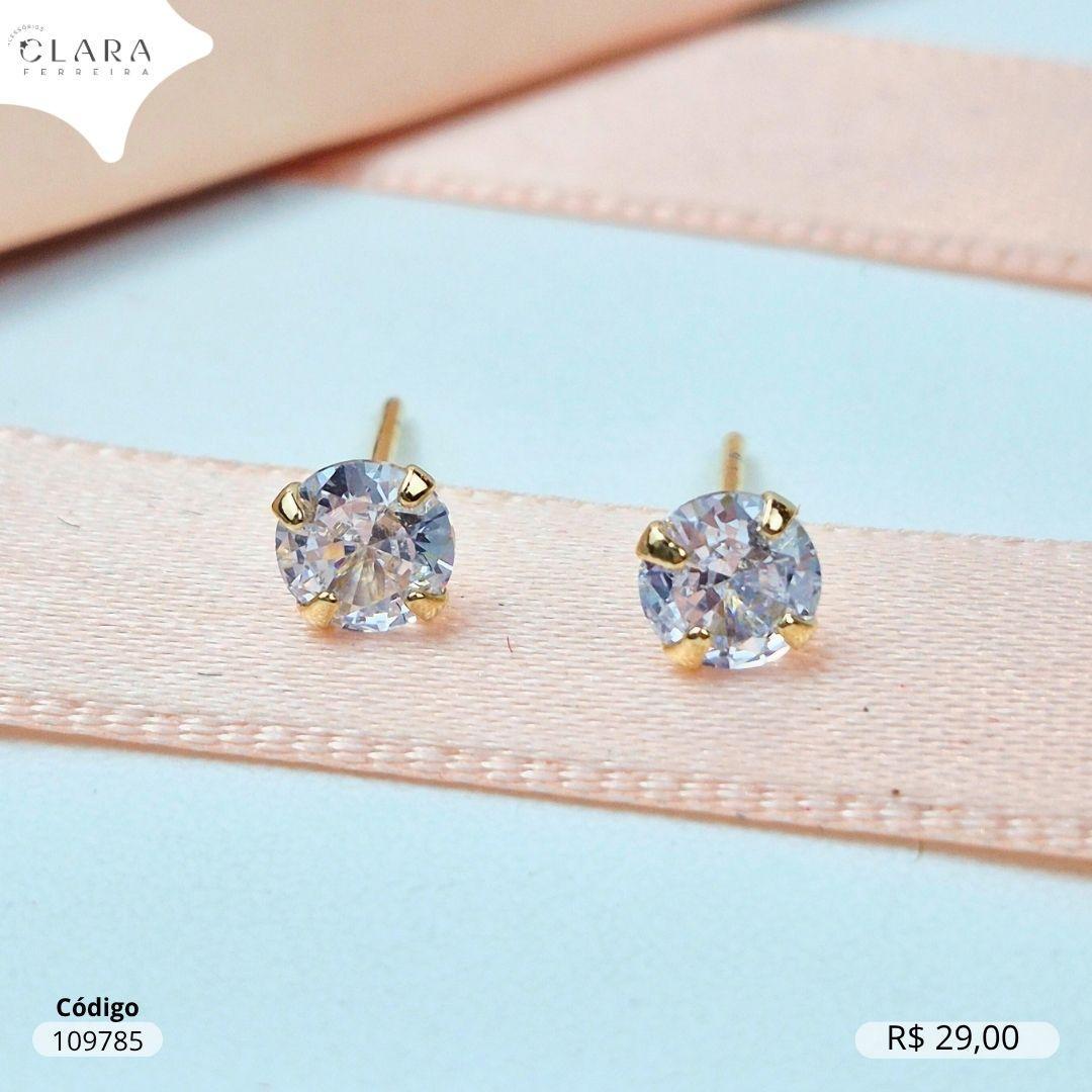 BRINCO SOLITARIO ZIRCONIA REDONDA 5MM BASE 4 GARRAS CAIXA BAIXA - Dourado