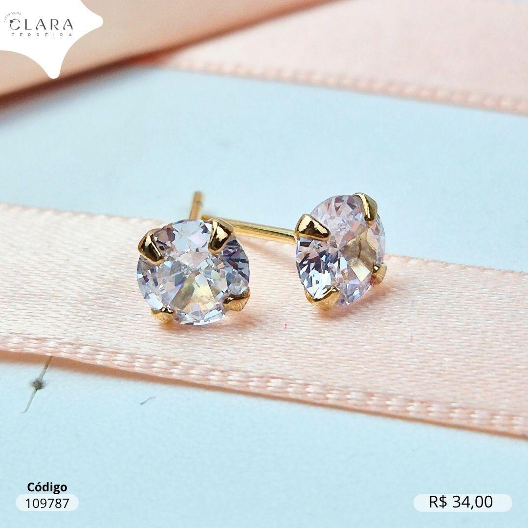 BRINCO SOLITARIO ZIRCONIA REDONDA 6MM BASE 4 GARRAS CAIXA BAIXA - Dourado
