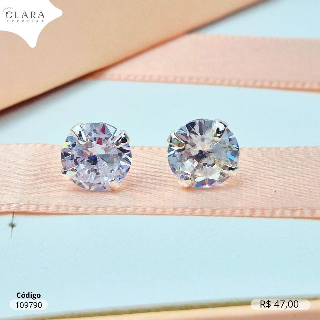BRINCO SOLITARIO ZIRCONIA REDONDA 8MM BASE 4 GARRAS CAIXA BAIXA - Banho de Prata