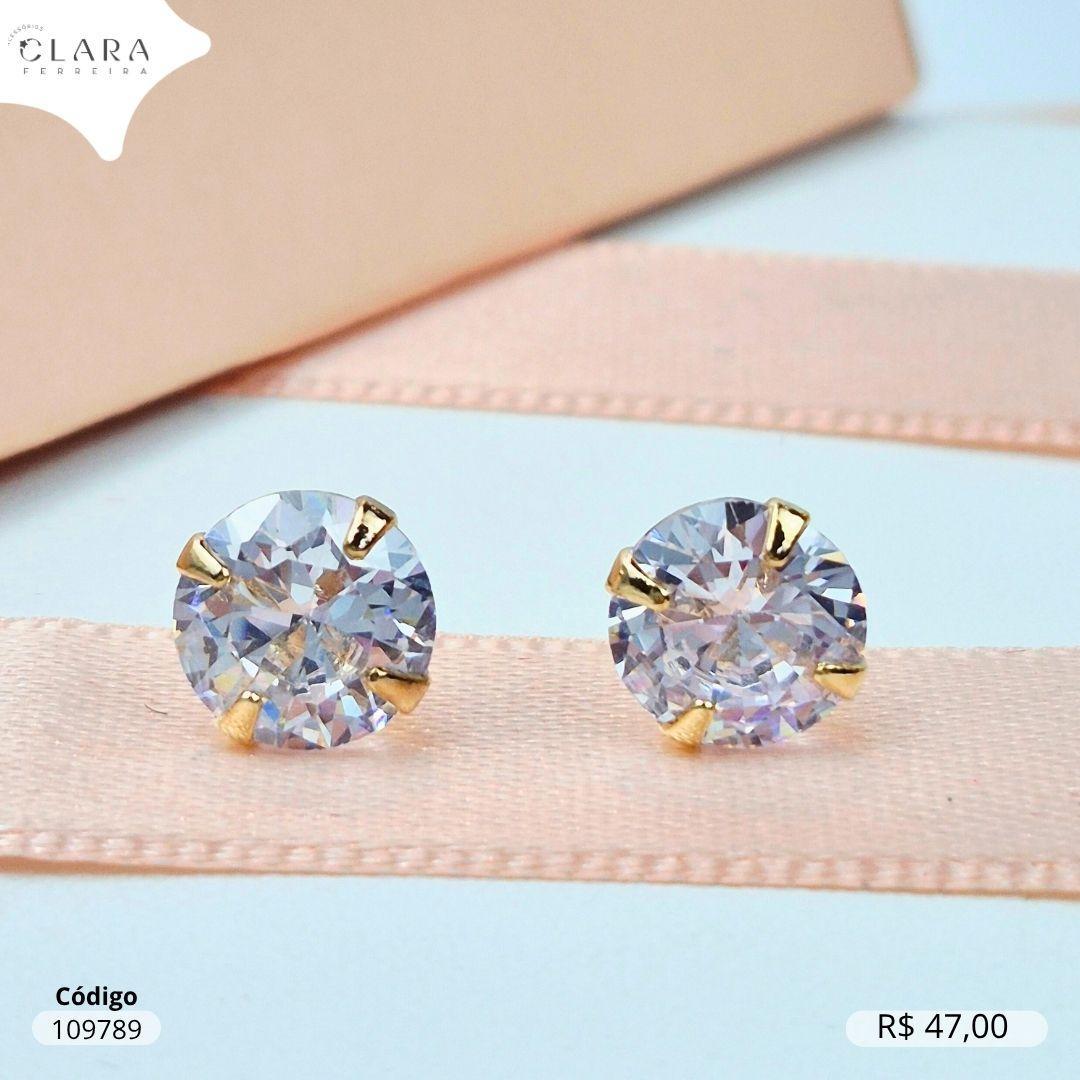 BRINCO SOLITARIO ZIRCONIA REDONDA 8MM BASE 4 GARRAS CAIXA BAIXA - Dourado