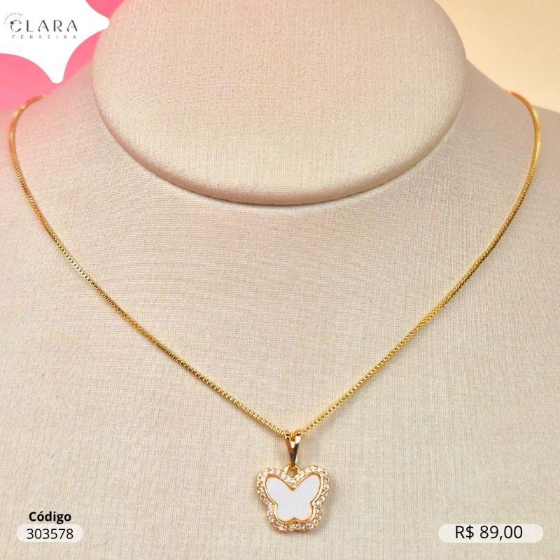 COLAR COLAR VENEZIANA C/ PINGENTE BORBOLETA MADRE PEROLA ADORNADA MICROZIRCONIAS - 11MM - 45CM - Dourado