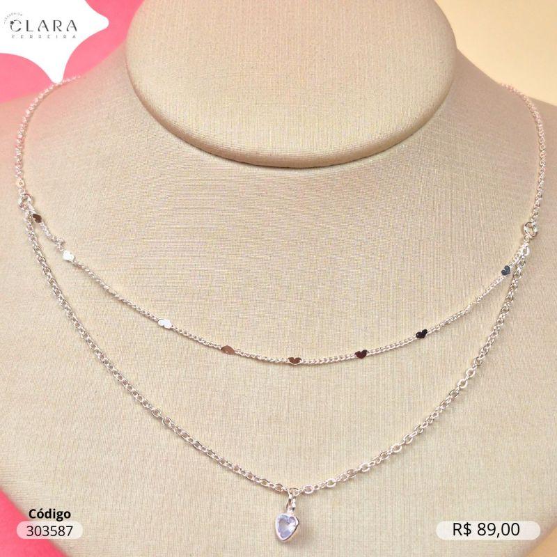 COLAR ELOS C/ MEIO DUPLO 1 FIO GRUMET 1X1 COM CORAÇÕES MARTELADOS E 1 FIO ELOS COM TIFFANY CORAÇÃO 5MM PENDURADO - 45CM - Banho de Prata